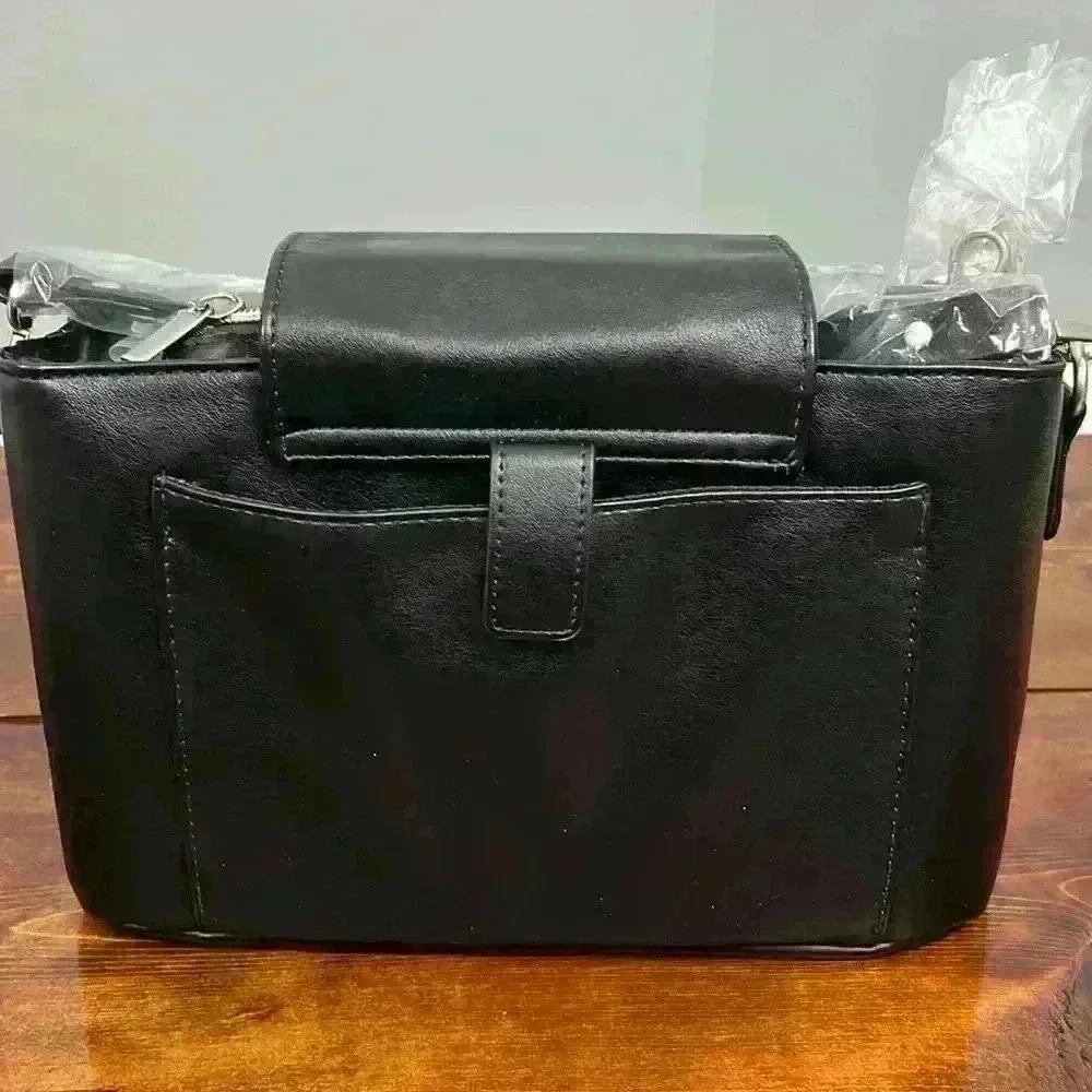 Back Leather Small Diaper Bag Crossbody Purse, Stylish Stroller Organizer Caddy - Picture 2 of 8